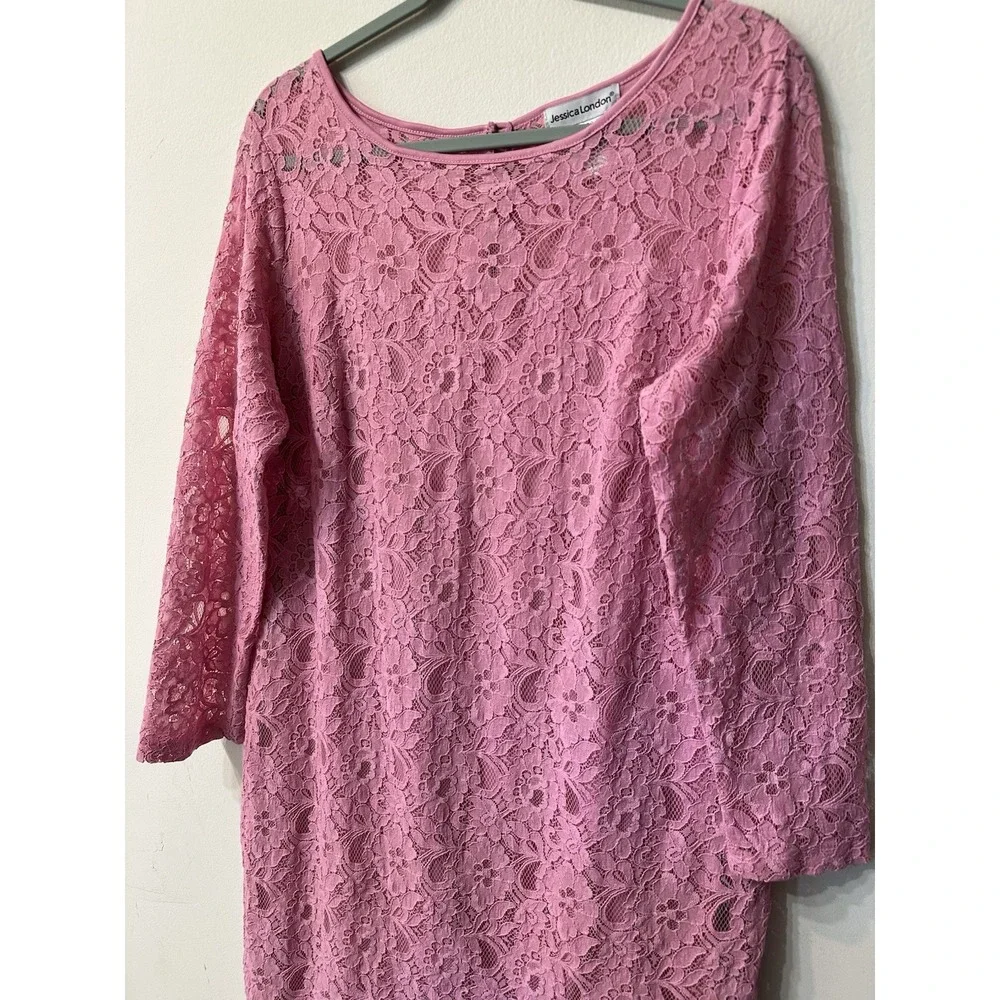 Jessica London Womens 16 Dress Pink Lace Shift Long Sleeve Keyhole Evening Party